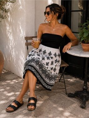 WHBM Black White Embroidered Strapless Midi Dress Boho Size 6